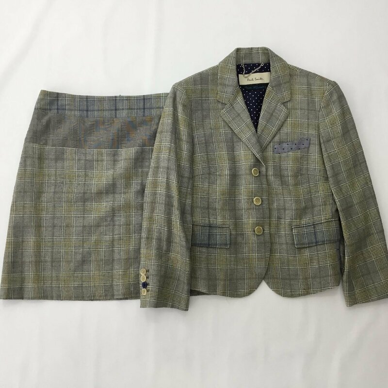 ■Paul Smith ポールスミス セットアップ スーツ スカート ミニ 水玉 チェック 日本製 パッチワーク グレー×グリーン サイズ42 /0.5kg■