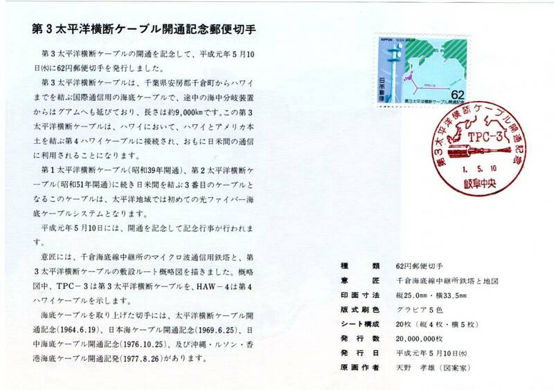 初日カバー　第３太平洋横断ケーブル開通　記念郵便切手　平成元年