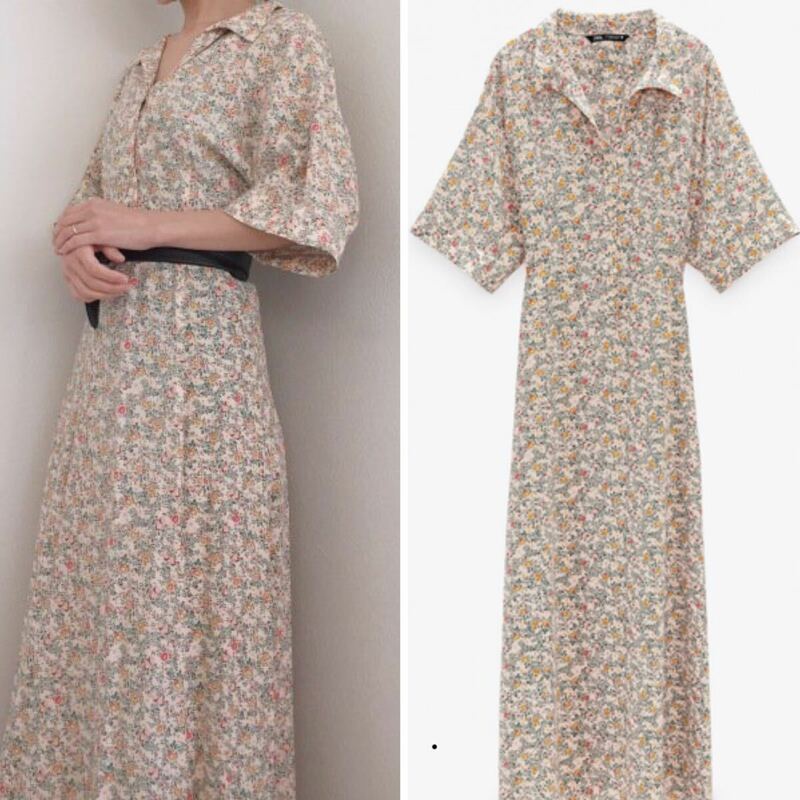 ZARA 小花柄レトロロングワンピースM美中古 半袖/フレア/ヴィンテージ風