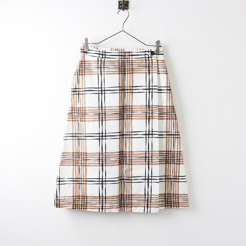 2023SS マーガレットハウエル MARGARET HOWELL PAINTED CHECK COTTON LINEN チェック スカート 1/ブラウン【2400013930598】