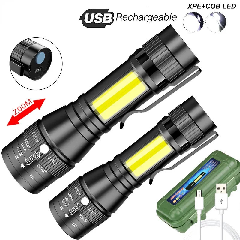 PORTABLE USB RECHARGEABLE LED FLASHLIGHT ZOOM COB+T6 BUILT-IN BATTERY TACTICAL TORCH 3 MODE WATERPROOF EMERGENC WORK LIGHT