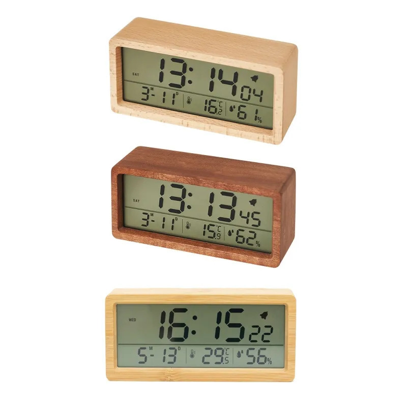 QX2E 12/24 HOURS DISPLAY CLOCK BATTERY OPERATED WOODEN LCD DIGITAL ALARM CLOCK SMART SENSOR NIGHT LIGHT WOODEN ROOM DECOR