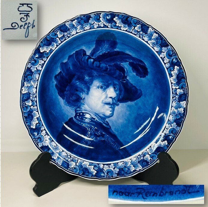 Delft デルフト 飾皿 オランダ 肖像画 レンブラント rembrandt 大皿 ウォールプレート 特大 骨董 置物 古美術 芸術 伝統工芸品 サイン有