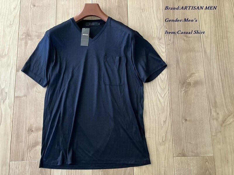 新品サンプル ARTISAN アルチザン 日本製 シルク100% ショートスリーブ VネックTシャツ 09ネイビー Mサイズ 42TF04 定価20,900円