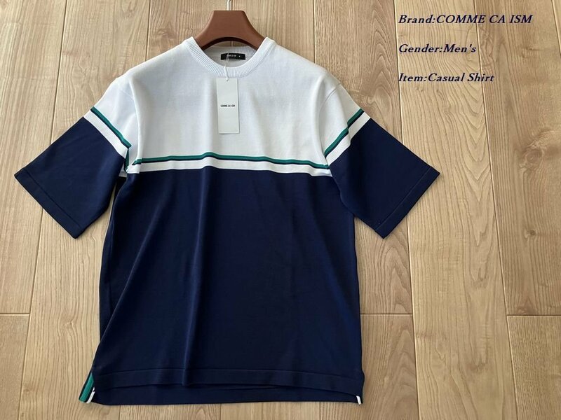 新品 COMME CA ISM MEN コムサイズム ラインニット クルーネック半袖Tシャツ 01ホワイト Mサイズ 71KC41 定価4,900円