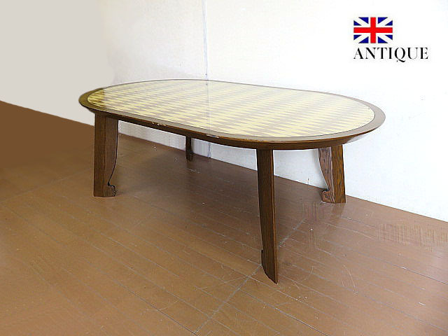 英国ヴィンテージ　アーガイル象嵌オーク無垢材ラウンド型ダイニングテーブル　イギリスアンティーク