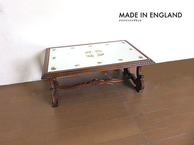 英国アンティーク オーク無垢材ミラートップセンターテーブル 　彫刻/イギリスアンティーク 　コーヒーテーブル/リビングテーブル
