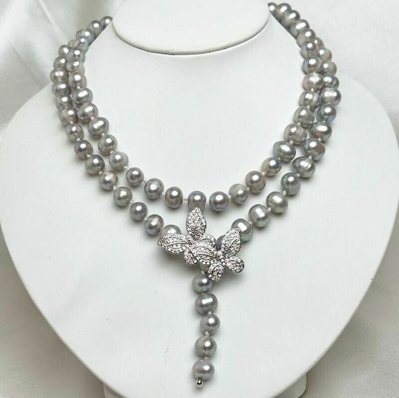蝶々デザイン綺麗！本真珠ネックレス8-9mm ナチュラルグレー　85cm pearl necklace jewelry パール 