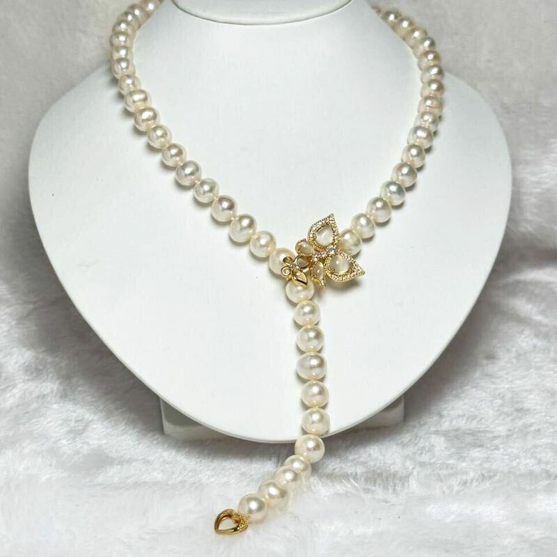 高品質！蝶々デザイン！本真珠9mm 55cm Pearl jewelry 天然パールネックレス 