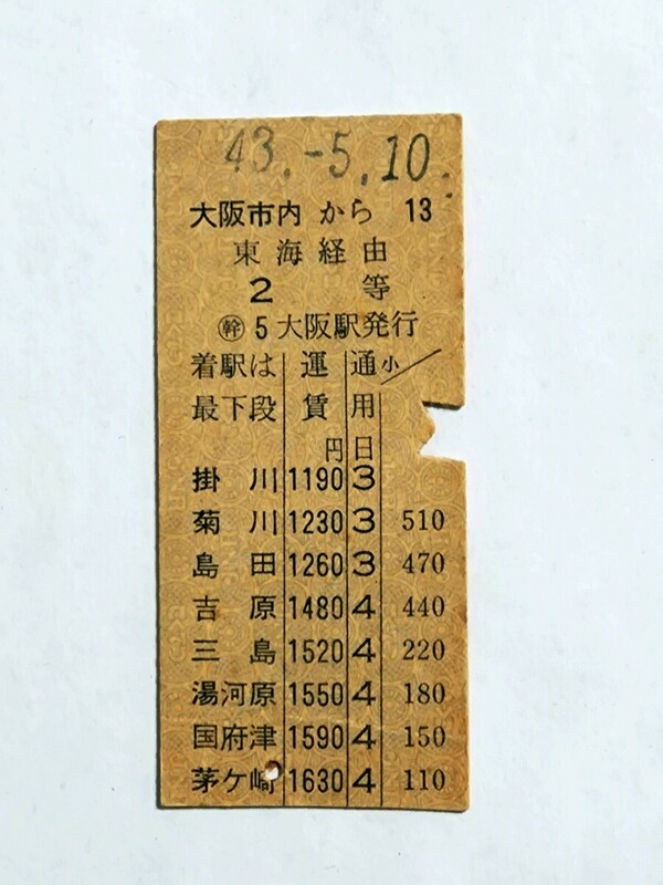 大阪市内から東海経由茅ヶ崎ゆき2等乗車券【昭和43年5月】国鉄 大阪駅発行