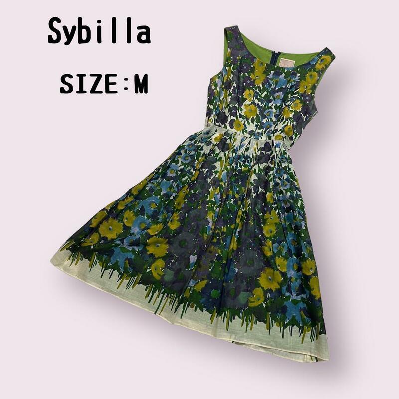 Sybilla　ワンピース　ノースリーブ　花柄　グリーン　麻　Mサイズ　シビラ