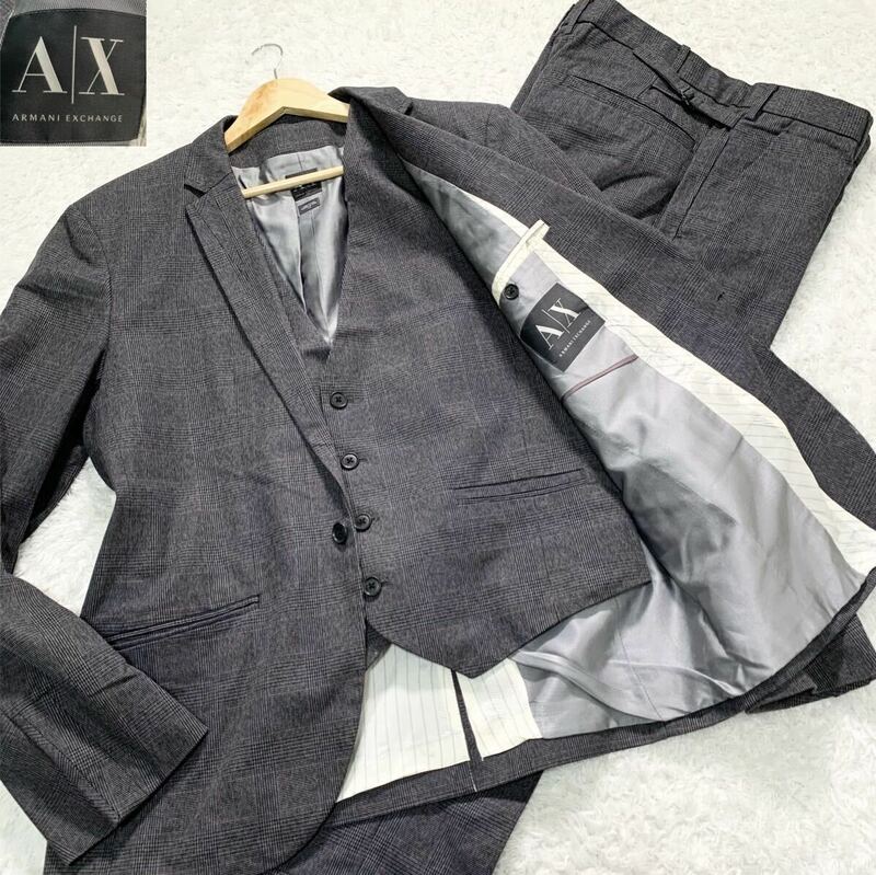 【美品・XL相当】アルマーニエクスチェンジ スリーピース スーツ セットアップ 3ピース グレンチェック グレー ARMANI EXCHANGE メンズ LL