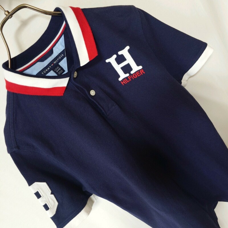 ワッペン TOMMY HILFIGER トミーヒルフィガー 鹿の子 ポロシャツ 半袖 ネイビー 紺色 キッズジュニアサイズL 16/18