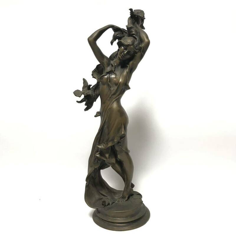 当時物 女性 小鳥 ブロンズ象 / 全高39.5cm / アンティーク 銅像 彫刻 置物 オブジェ / 女神 彫刻