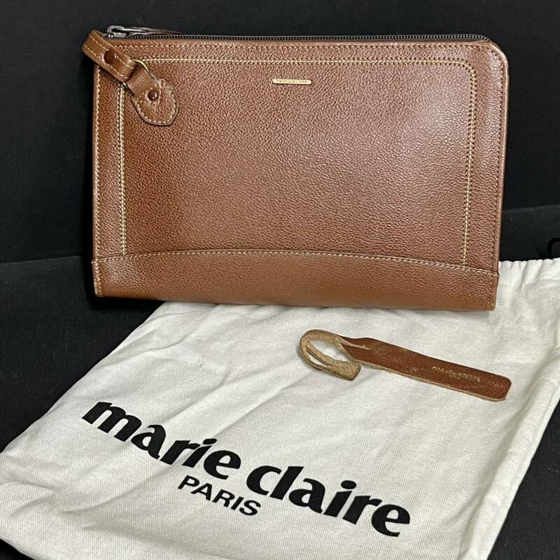 M■ Marie Claire マリクレール レザー クラッチバッグ セカンドバッグ ブラウン 茶 ロゴプレート 収納袋付き ビジネスバッグ ユニセックス