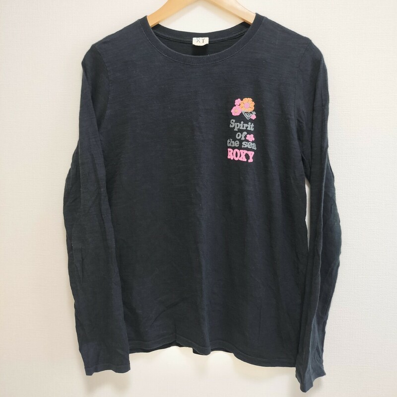 S■ ROXY ロキシー レディース 長袖Tシャツ ロンT ロゴ 刺繍 花 サイズ表記なし 黒 ブラック 綿 コットン トップス カットソー