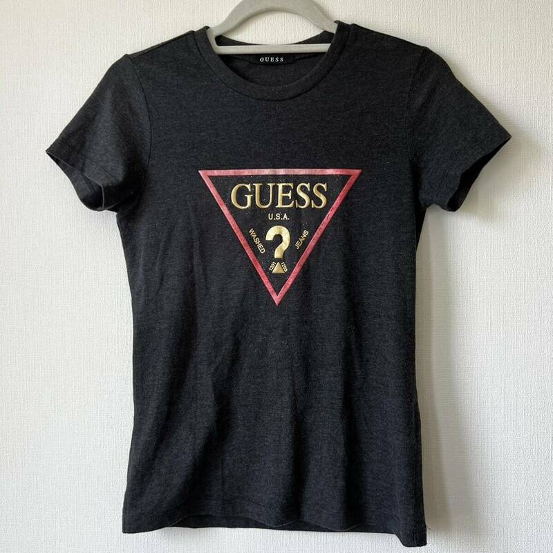 U■GUESS ゲス レディース 半袖Tシャツ XSサイズ グレー プリントTシャツ ロゴTシャツ ラメ おしゃれ カジュアル かわいい U.S.A.