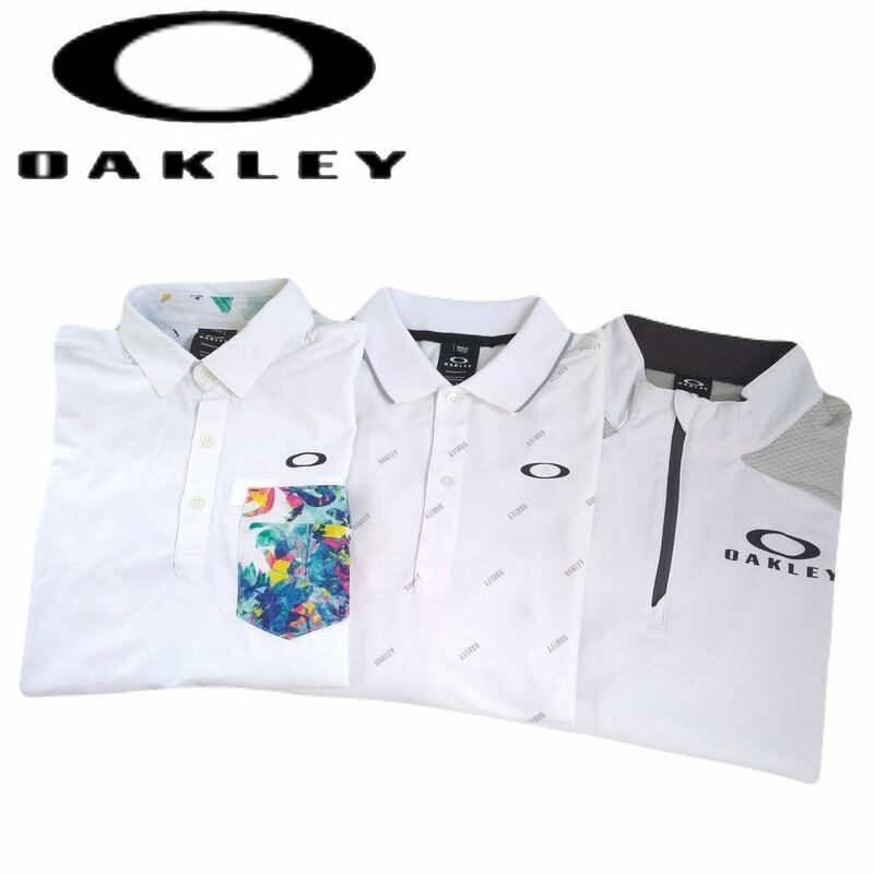 最高級 豪華デザイン3点 OAKLEY 吸水速乾 ストレッチ 総柄 半袖ポロシャツ ハワイアン メンズM オークリー ゴルフウェア ホワイト 240620
