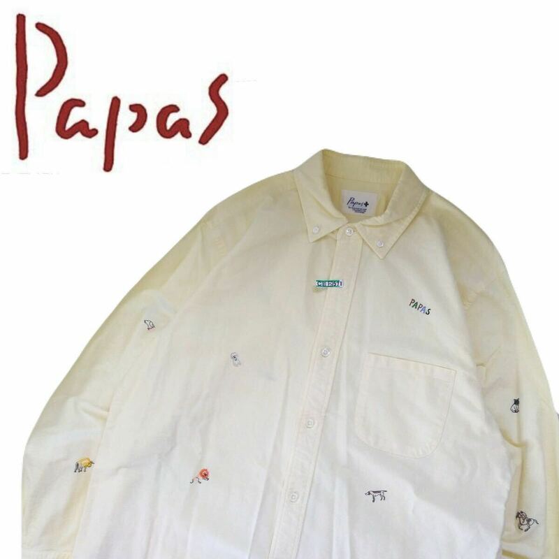 特大LL 極美 最高級 豪華刺繍 Papas+ 総柄 オックスフォード ボタンダウン 長袖シャツ ドレスシャツ ワイシャツ メンズ パパスプラス240636