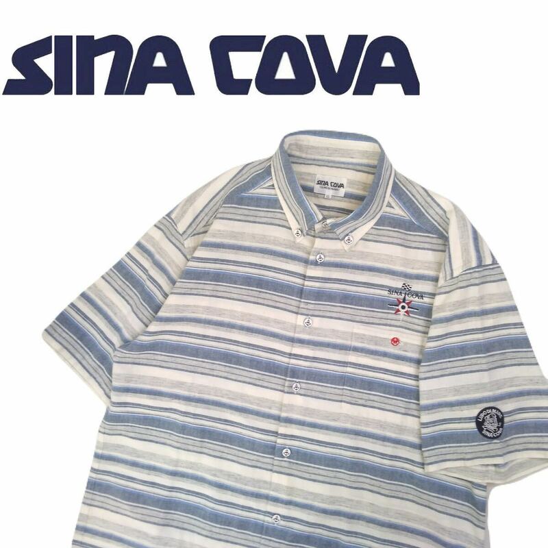 特大LL 極美品 豪華刺繍 SINA COVA マリンボーダー ボタンダウン リネン混 半袖シャツ ドレスシャツ シナコバ メンズ 日本製 ゴルフ 240652