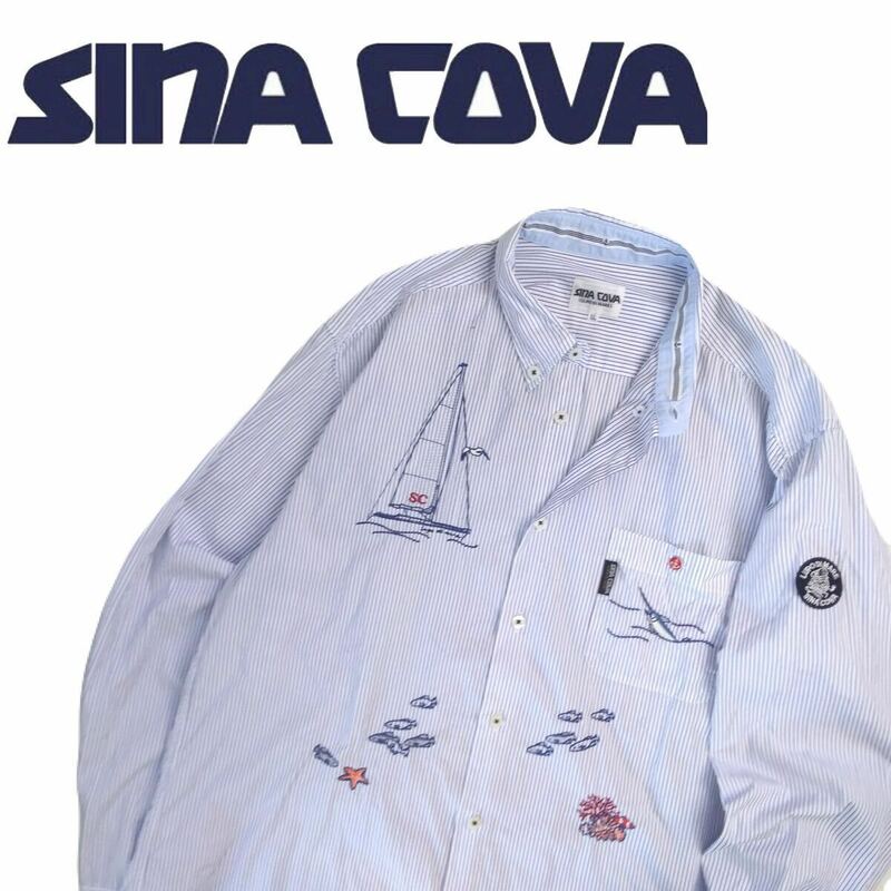 特大LL 豪華刺繍 SINA COVA ストライプ ボタンダウン 長袖シャツ ドレスシャツ ワイシャツ シナコバ メンズ 日本製 カジキ ゴルフ 240670