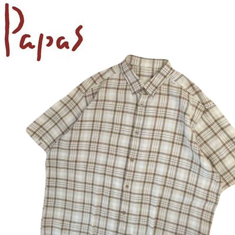 新品同様 リネン100% Papas 好配色 チェック ボタンダウン 半袖シャツ ドレスシャツ メンズL パパス マドモアゼルノンノン 日本製 240678