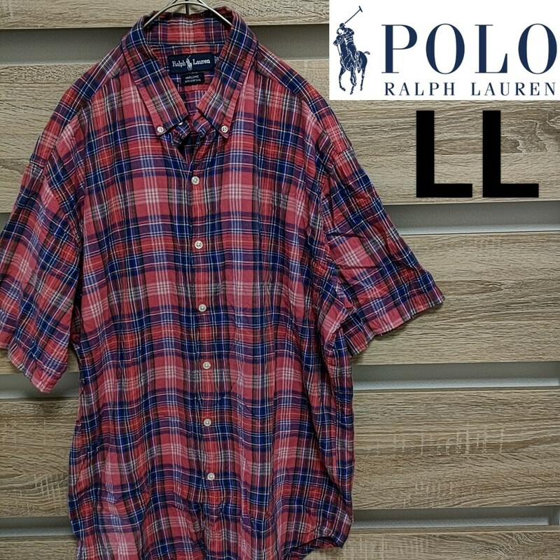 POLO RALPHLAUREN（ポロラルフローレン）半袖チェックシャツ LL 赤（Ju34）HS-RL-IM-3918 ■宅急便コンパクト発送！