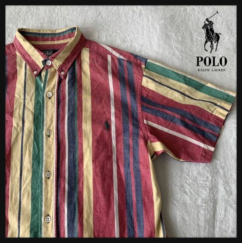 【人気】90s Polo by Ralph Lauren ポロ ラルフローレン コットン 半袖 ボタンダウン シャツ マルチストライプ