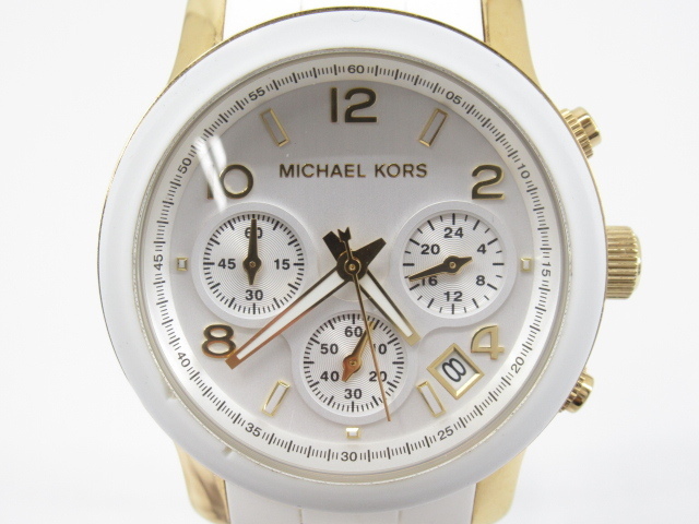 s60695-ap [送料950円]中古◇MICHAEL KORS マイケルコース MK-5145 クォーツ クロノグラフ ラバー 腕時計 ホワイト ゴールド [155-240612]