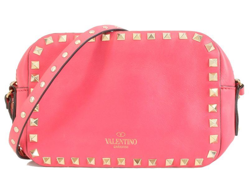 1円スタート 綺麗品【VALENTINO ヴァレンティノ】 ロックスタッズ ショルダーバッグ サコッシュ レザー ピンク 鞄 レディース