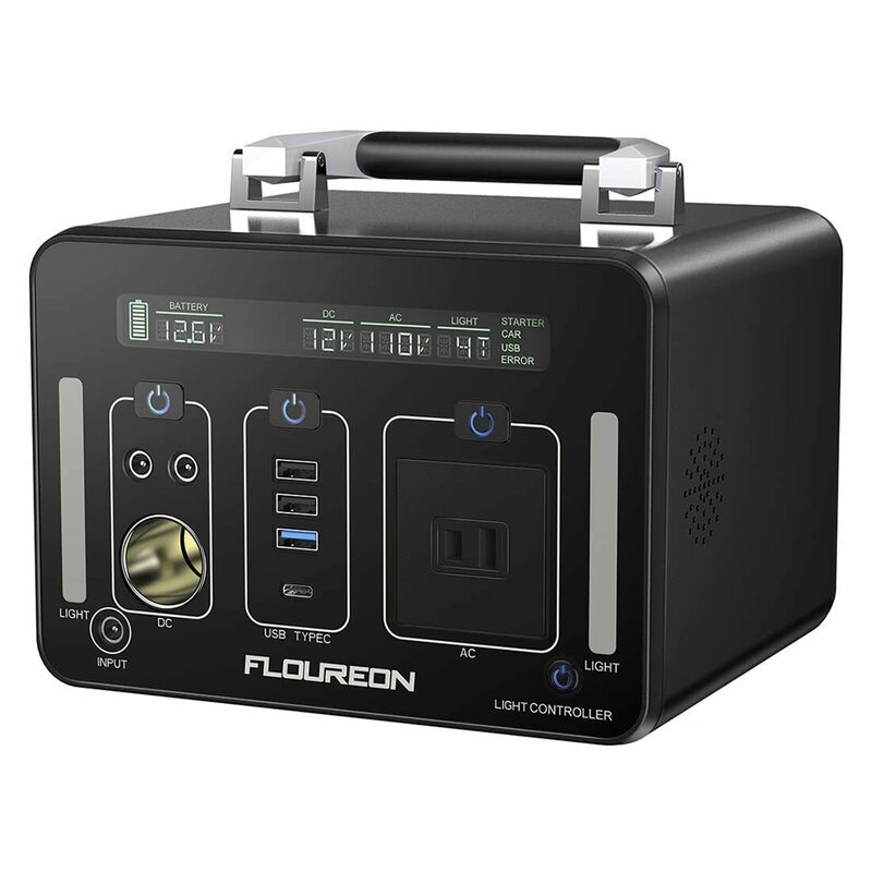 FLOUREON ポータブル電源 大容量 500Ｗh/140400mAh ポータブル蓄電池 純正弦波 液晶大画面表示 LEDライト付き ソーラー充電