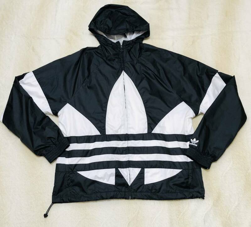 美品☆adidas☆アディダス オリジナルス ビッグ トレフォイル ウインド ジャケット XO 黒 裏メッシュ ウインドブレーカー パーカー FM3757