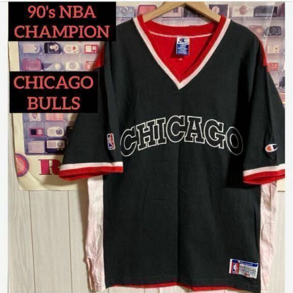 90s CHAMPION USA NBAシカゴブルズSHOOTING SHIRT両面刺繍ロゴシューティングシャツオールドヴィンテージCHAMPION社製CHICAGO BULLS牛Tee