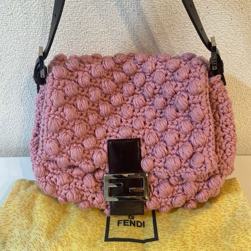 FENDI フェンディ マンマバケット ニット ハンドバッグ FF ズッカ金具 ピンク×ブラウン