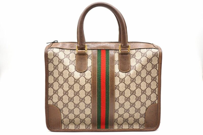 オールド グッチ ヴィンテージ ハンドバッグ トート GGプラス シェリーライン PVCレザー 茶 ブラウン GUCCI 8720h