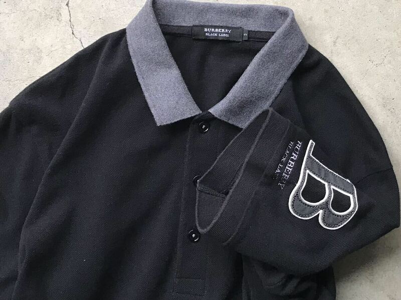 BURBERRY BLACK LABEL 鹿の子 ポロシャツ 3 バーバリー 三陽商会 メンズ 半袖 ホース刺繍 ワッペン 黒 ブラック