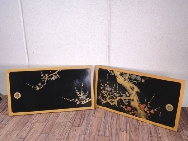 S178★【アンティーク 建具】　2枚セット　華泉作 /梅絵　古い和タンスから撤去した部材です♪　57.5×30.5cm　DIYにご利用ください♪