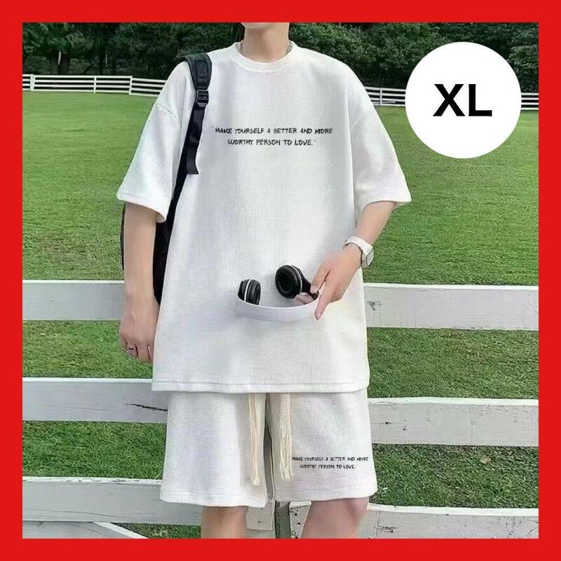 半袖　上下セット　ホワイト　XL　セットアップ　　韓国　Tシャツ　ハーフパンツ