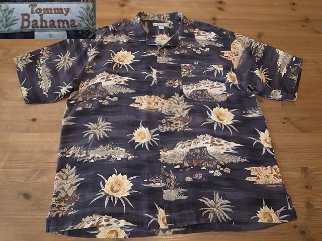 Tommy Bahama トミーバハマ 100％ 絹 シルク 半袖 開襟 オープンカラー アロハ シャツ 黒 アメリカ古着 サイズ L 大きめ