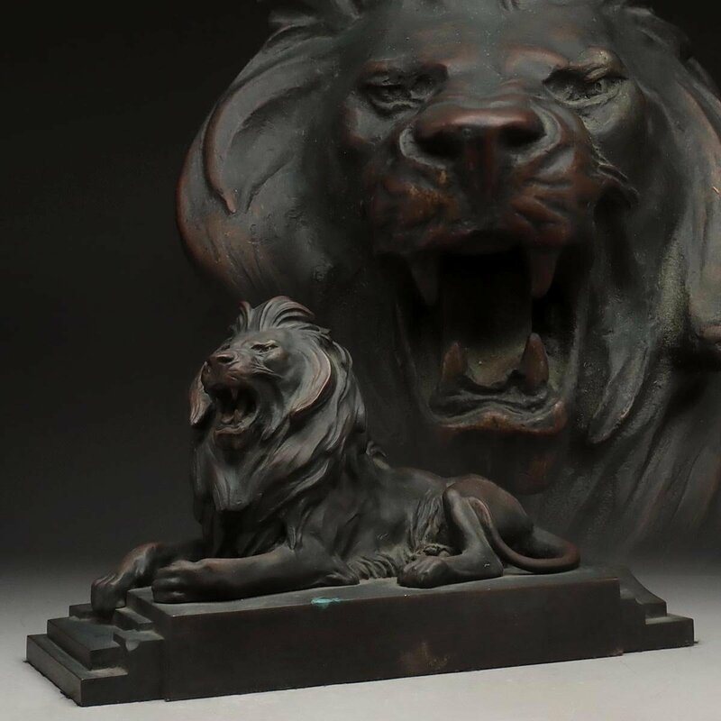 ES909 時代金工 重厚 ブロンズ像「獅子」置物 幅39.5cm 重7.5kg・「ライオン・百獣王」オブジェ