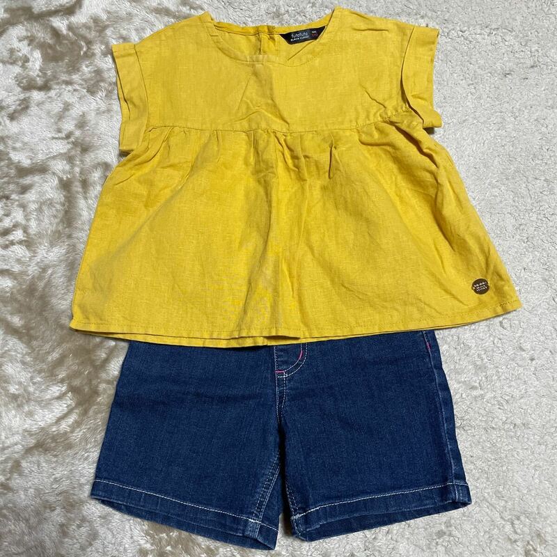 futa futa 半袖シャツ 120 ブラウス　ショートパンツ Tシャツ 女の子　麻　黄色　ジーンズ　半　ズボン　ジーパン　涼しい