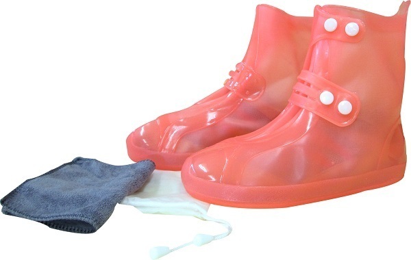 防水靴カバー　オレンジ　急な雨でも安心　靴の上から履く長靴　　ボタン式　コンパクト収納　滑りにくい　防水カバー　男女兼用