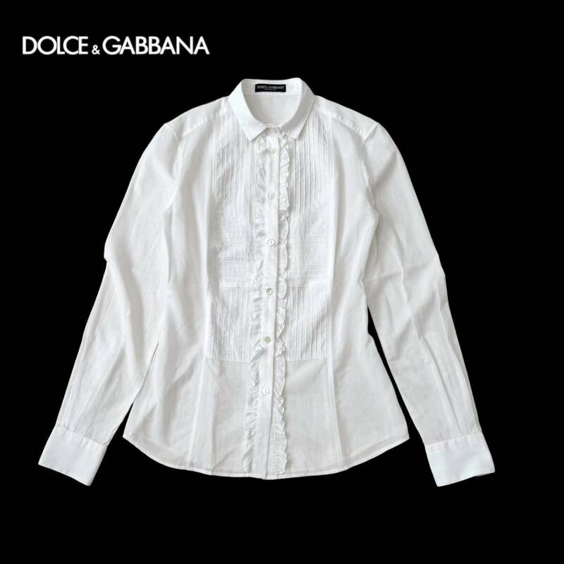 ND84ね＠ DOLCE&GABBANA シャツ ブラウス フリル 長袖 レディース サイズ40/L ホワイト 白　 0.7