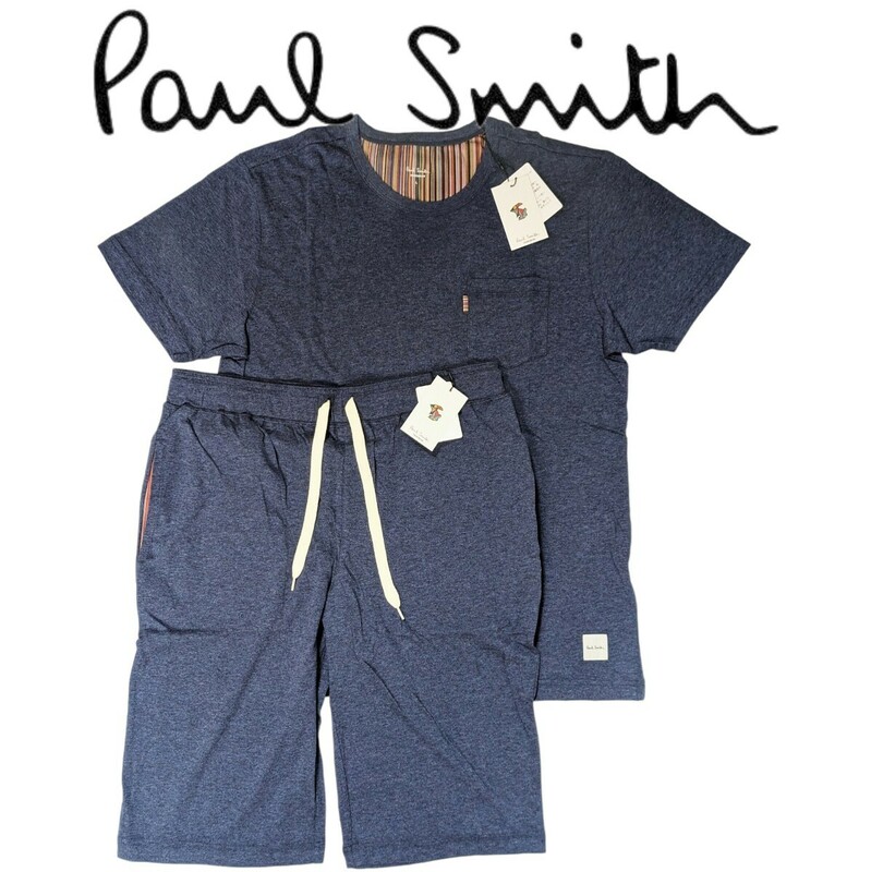 新品 ポールスミス Paul Smith 半袖 Tシャツ 上下セット L マルチストライプ Uネック ブルー ショートパンツ メンズ 春 夏 父の日