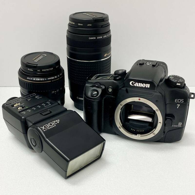 【動作未確認】 Canon EOS7 フィルムカメラ ZOOM LENS EF 28-105mm 75-300mm キャノン イオス7 ズーム レンズ 一眼 ジャンク扱い 中古
