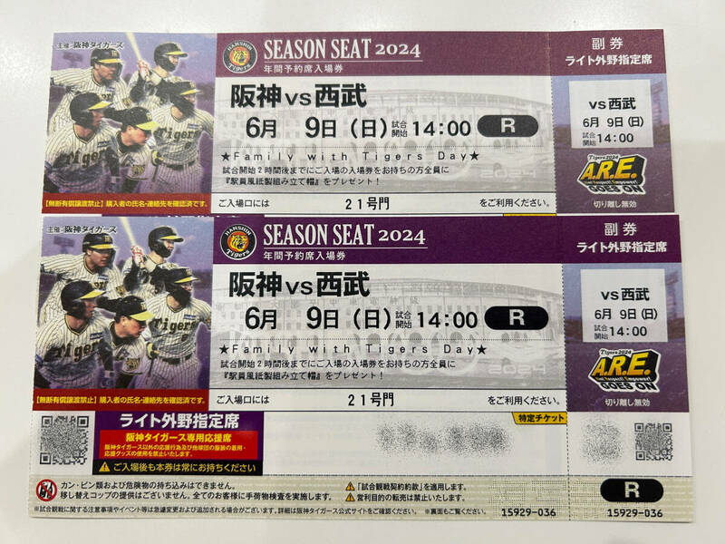 【送料無料】◆阪神vs西武戦　６月９日（日）◆阪神甲子園球場ライト外野指定席ペアチケット