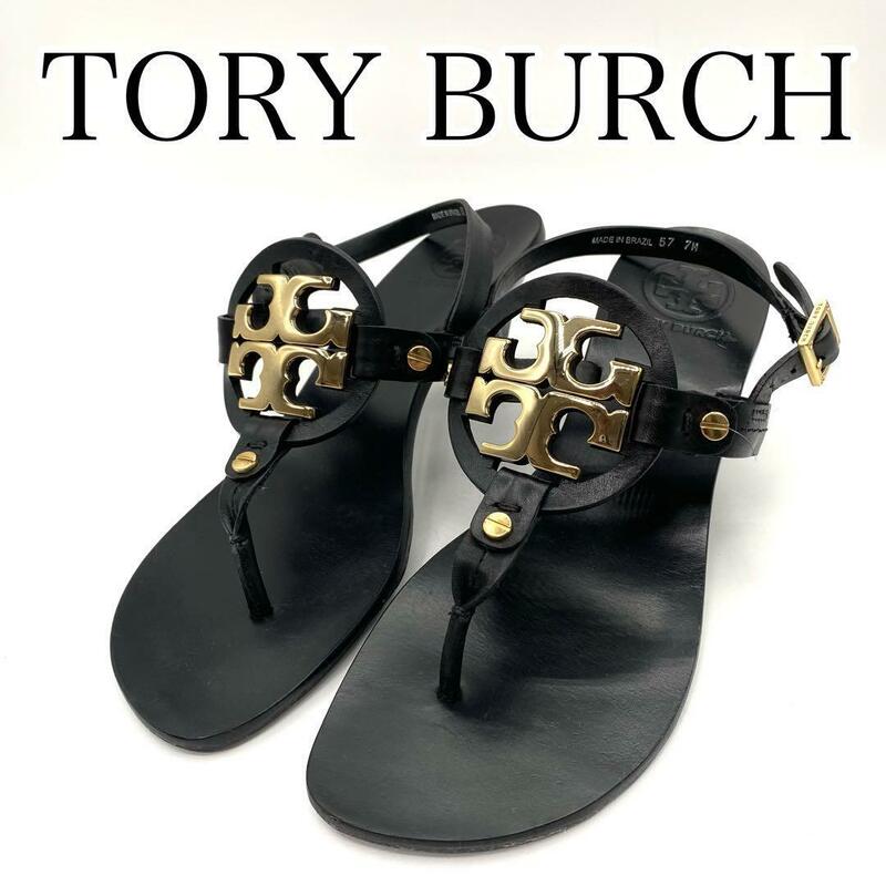 美品　TORY BURCH トリーバーチ　サンダル　ブラック　ゴールドロゴ　7M 24㎝