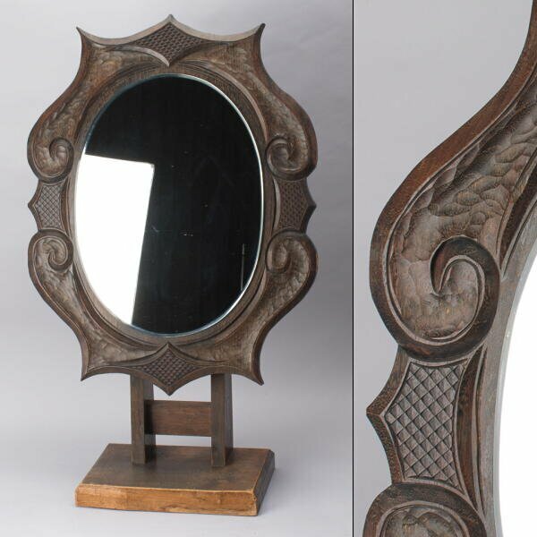 【千f650】アイヌ模様 木彫 古い 鏡台 彫刻 アイヌ 北海道 鏡