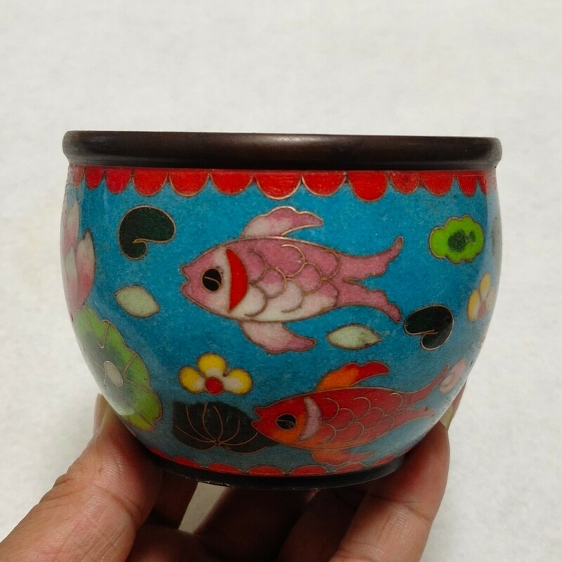 骨董品 銅胎 景泰藍 七宝 手絵 魚藻紋 画缶 筆洗 建水 在銘 美品