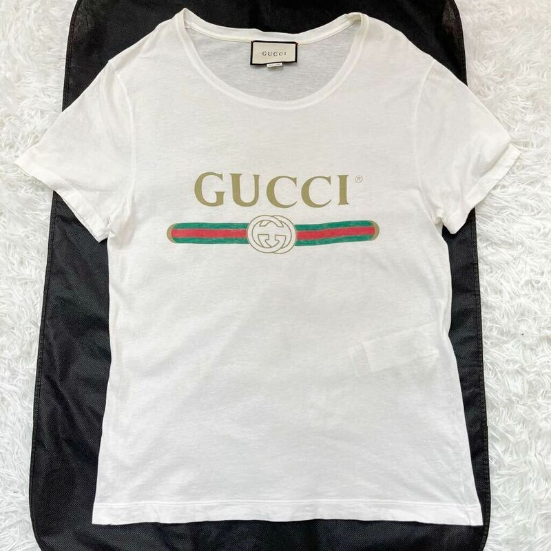 極美品/GUCCI グッチ 半袖Tシャツ 半袖 Tシャツ 白Tシャツ ロゴ シェリーライン インターロッキング コットン ホワイト 白 XS相当